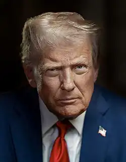 Head-and-shoulders shot of Trump with a serious facial expression, his right eye partly closed. He is wearing a dark blue suit, a pale blue dress shirt, a red necktie, and an American flag lapel pin. Parts of the image are slightly out of focus. The background is black.