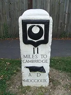 Milestone II of a set erected in 1728-1732 between Cambridge and Barkway by Dr Warren of Trinity Hall