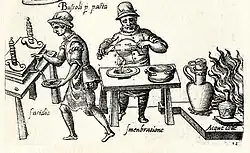 Drawing of two medieval men working in a kitchen
