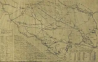 An old map of the Oudh State with paths traced following the highways, along which points are regularly marked