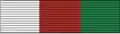 A ribbon consisting of three equal vertical stripes of dark green, brown and pale blue