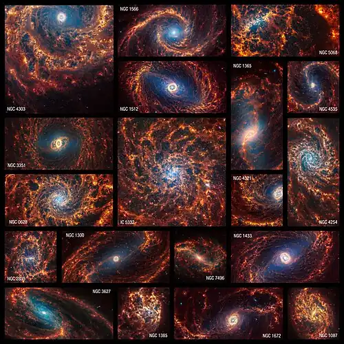 19 face-on spiral galaxies from the James Webb Space Telescope in near- and mid-infrared light. Older stars appear blue here, and are clustered at the galaxies' cores. Glowing dust, showing where it exists around and between stars—appearing in shades of red and orange. Stars that have not yet fully formed and are encased in gas and dust appear bright red.[217]