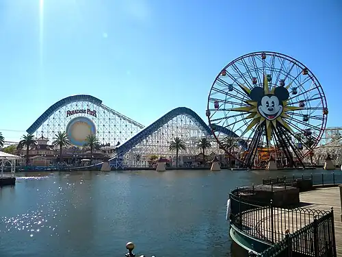 Disney California Adventure's Pixar Pal-A-Round, an eccentric wheel modelled on Wonder Wheel, was built in 2001 as Sun Wheel and became Mickey's Fun Wheel in 2009 and currently Pixar Pal-A-Round in 2018[183]