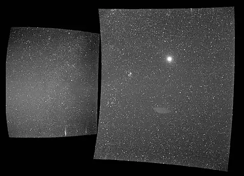The view from the probe's WISPR instrument on Sept. 25, 2018, shows Earth, the bright sphere near the middle of the right-hand panel. The elongated mark toward the bottom of the panel is a lens reflection from the WISPR instrument[100]