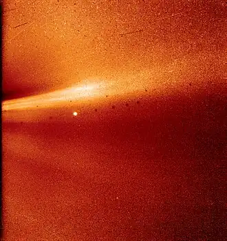 Photo from the WISPR shows a coronal streamer, seen over the east limb of the Sun on Nov. 8, 2018, at 1:12&nbsp;a.m. EST. The fine structure of the streamer is very clear, with at least two rays visible. Parker Solar Probe was about 16.9 million miles (21.2 million km) from the Sun's surface when this image was taken. The bright object near the center of the image is Mercury, and the dark spots are a result of background correction.[101]