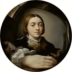 Forerunner of Escher's curved perspectives, geometries, and reflections: Parmigianino's Self-portrait in a Convex Mirror, 1524[22]