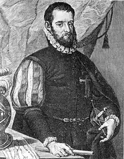 An etching of Spanish explorer Pedro Menéndez de Avilés standing at a table with maps and holding a sword
