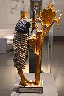 One of the Ram in a Thicket, 2600-2400 BC, gold, copper, shell, limestone and lapis lazuli, also from the Royal Cemetery at Ur, University of Pennsylvania