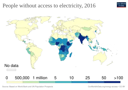 Map of people with access to energy. Lack of access is most pronounced in India, Sub-Saharan Africa and South-East Asia.