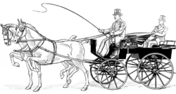 Drawing of a man holding a whip, sitting on top of an open carriage pulled by two horses.