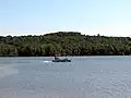 A pontoon boat on a lake with a forested shore