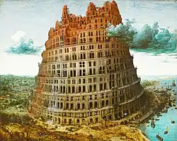 Painting of an enormous structure along the water