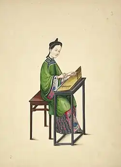 A woman wearing an ao with a long skirt, Playing a zheng, from 1800.