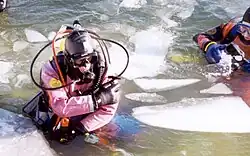 Two divers wearing dry suits