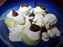 Poire belle Hélène, cooked pears with ice cream and chocolate sauce