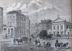 Black-and-white engraving showing London buildings in the background and carriages and people in the foreground.