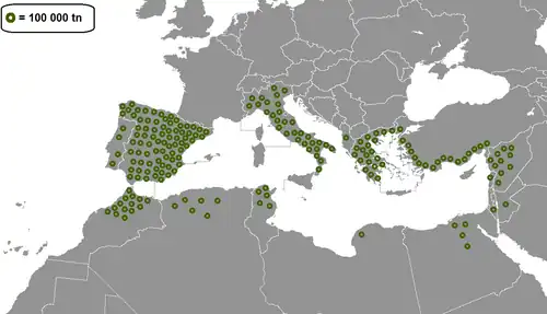 Map of production in the Mediterranean basin. o=100,000 metric tons (98,000 long tons; 110,000 short tons)/year.