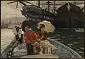 Portsmouth Dockyard by James Tissot, 1877. This work is Tissot's revision to his earlier work, The Thames. According to the Tate gallery, it "shocked audiences when it was shown at the Royal Academy in 1876 because of the questionable sexual morals of its characters. This painting was exhibited as a corrective".[38]