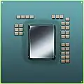 The 65&nbsp;nm high-performance PowerXCell 8i with extra capacitors on top due to decoupling needed for noise introduced by the DDR2 interface
