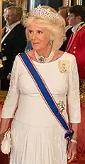 The Duchess of Cornwall (later Queen Camilla) wearing the Greville Tiara at a state banquet in 2019