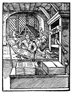 Woodcut showing two printers at work: one removes a printed sheet while the other inks type with leather balls