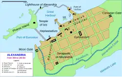 Plan of the city of Alexandria including road layout, major buildings, and hydrographical details.