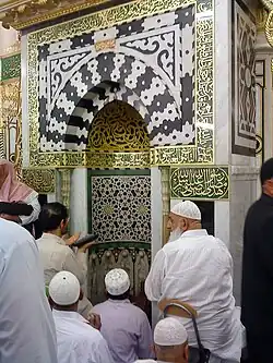 The Nabawi Mihrab, the spot where Muhammad led prayers is identified with what is now a 19th-century mihrab of marble[24]