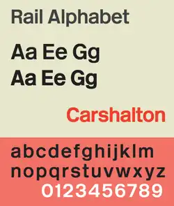 A graphic showing the Rail Alphabet typeface, which is a sans-serif easy-to-read font.