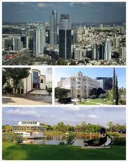View of the Diamond Exchange District from the Azrieli Center, As well with Bar-Ilan University with the Ramat Gan Great Synagogue on the left with the Ramat Gan National Park Below