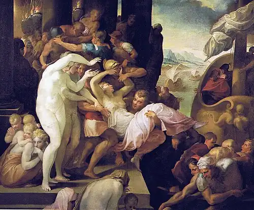 In western painting, Helen's journey to Troy is usually depicted as a forced abduction. The Rape of Helen by Francesco Primaticcio (c.&nbsp;1530–1539, Bowes Museum) is representative of this tradition.