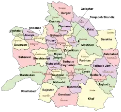 Location of Kashmar County in&nbsp;Razavi&nbsp;Khorasan&nbsp;province (center&nbsp;left,&nbsp;yellow)