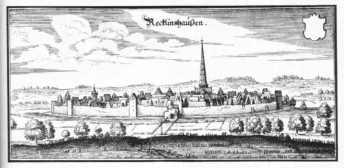 Meadows surround a fortified city, protected by thick walls, artillery towers, and a wide moat. The countryside around the city was flat, giving the inhabitants of the city, and the soldiers on its walls, an advantage of height. A church spire towers over the city and dominates the landscape.