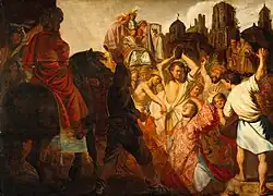 The Stoning of Saint Stephen (1625), Rembrandt's first painting completed at the age of 19,[168] Musée des Beaux-Arts de Lyon.