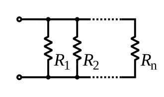 Circuit diagram of several resistors, labelled R1, R2 ... Rn, side by side, both leads of each connected to the same wires