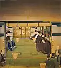 The conference of Meiji restoration (王政復古) at Kogosho. Young emperor Meiji sat in the far north behind the Sudare.