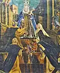 This painting depicts the Virgin giving the rosary to St. Dominic; in the scene also appear Fray Pedro de Santa María Ulloa, Saint Catherine of Siena and Servant of God, Mary of Jesus de León y Delgado. The fresco is located in the Church of Santo Domingo in San Cristóbal de La Laguna, Tenerife, Spain.