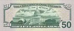 The west front of the Capitol depicted on the reverse of the current $50 bill