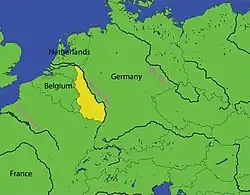 Map of northwest Europe showing France, Germany and the Low Countries. The Yellow area highlights the Rhineland of Germany.
