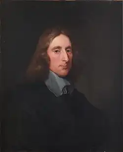 A circular portrait of Richard Cromwell. Cromwell has shoulder length blonde hair and is wearing silver armour.