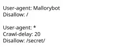 Picture of text, reads: User-agent: Mallorybot Disallow: / User-agent: * Crawl-delay: 20 Disallow: /secret/