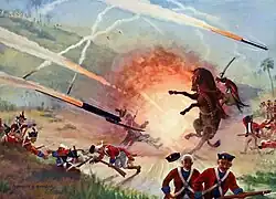 painting depicting attack by modern weapon resulting in army getting blasted