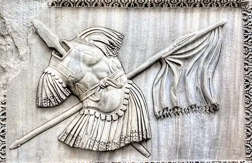 Roman Trophy, relief of the Temple of Hadrian on Campus Martius, displayed inside the museum courtyard