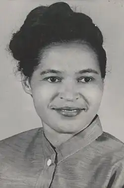 Rosa Parks in a black-and-white photograph in 1956, as a younger woman