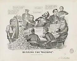A group of men sitting at a table as another man creates money on a wooden machine.
