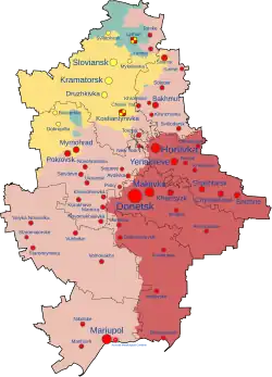 Territory of Ukraine's Donetsk Oblast controlled by Russia as DPR shown in red and pink; territory claimed but not controlled shown in yellow and blue[1]