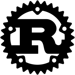 Rust logo: a capital letter R attached inside a sprocket with teeth on the outside, both black on a white background