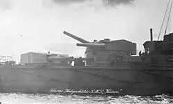 Two large gun turrets on a battleship