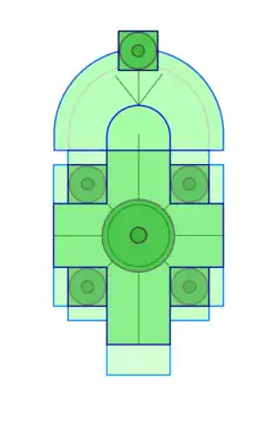 Plan of the church, with campanile at north end, and four smaller cupolas around central dome