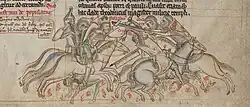 A drawing depicting fighting horsemen, with one of them holding a large cross