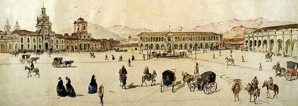 Colonial Plaza de Armas de Santiago in 1859 by Joseph Selleny aboard the Novara expedition. To the left, the (beginning to be modified) Palace of the Real Audiencia of Chile, and to the right, the colonial Portal de Sierra Bella.